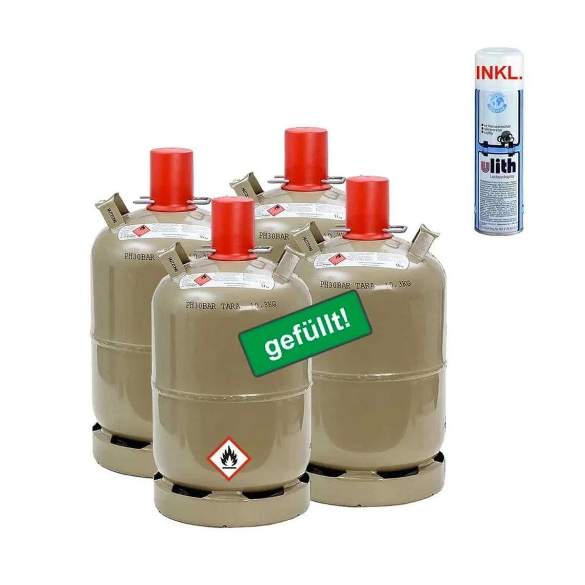 BLUECRAFT Propan-Gasflasche 11 kg, 4er Set inkl. Lecksuchspray — vielseitig einsetzbar für Camping und Haushalt