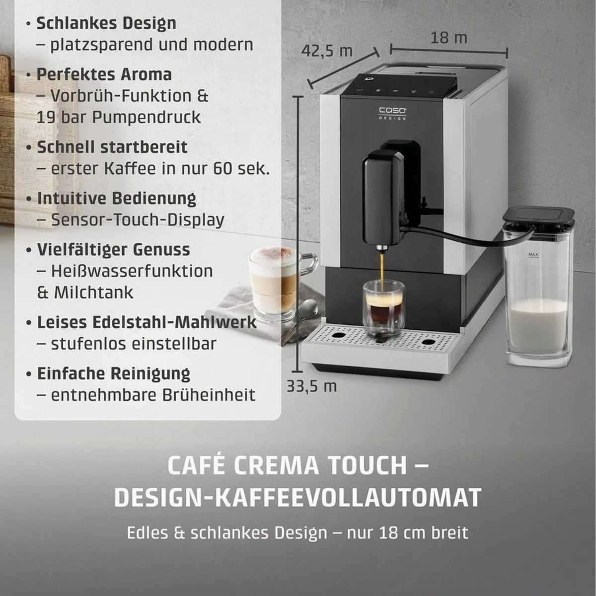 Caso Kaffeevollautomat Café Crema Touch, einfache Bedienung, herausnehmbare Brüheinheit, platzsparendes Design 2