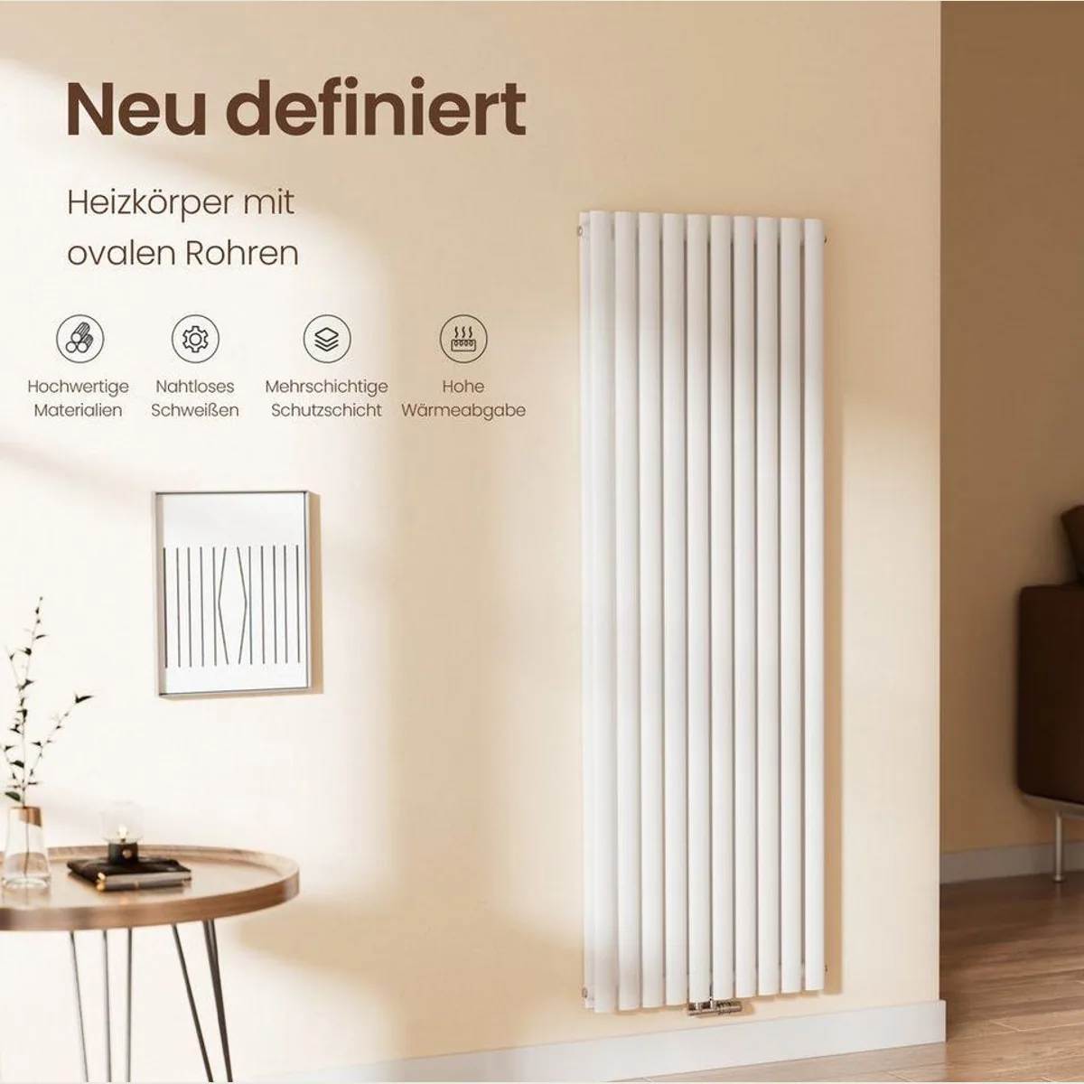 EMKE Heizkörper Doppellagig, ovales Rohr, 2175W für 20qm Raum — Hochleistung, Mittelanschluss, elegantes Design 2