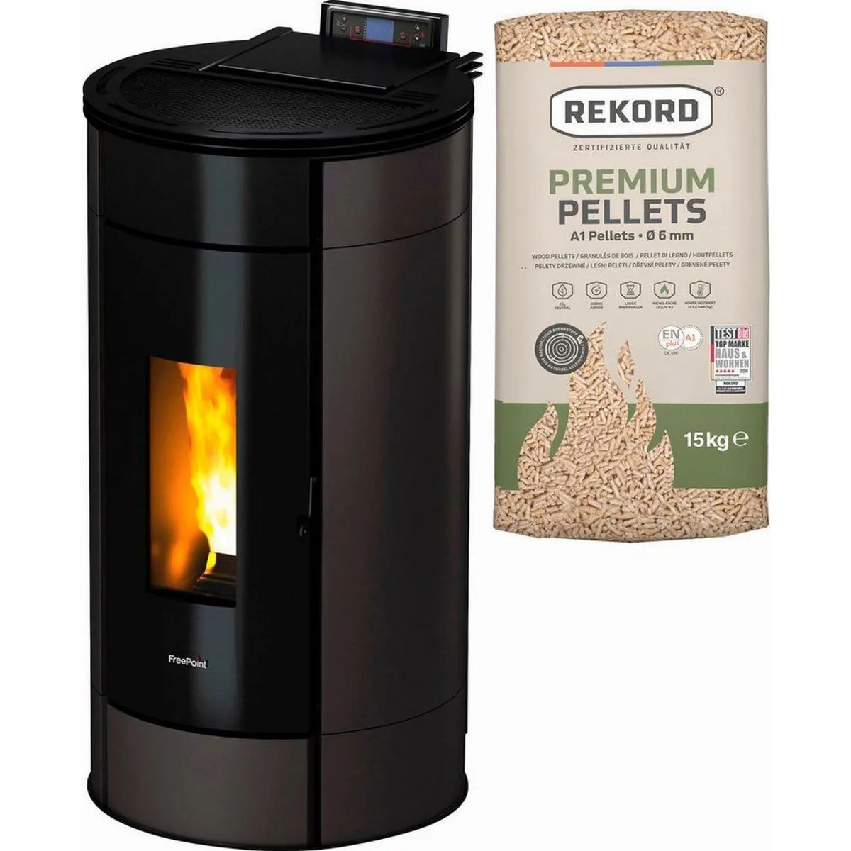 Freepoint Globe airtight Pelletofen, 11 kW, 93% Wirkungsgrad, Stahlkorpus