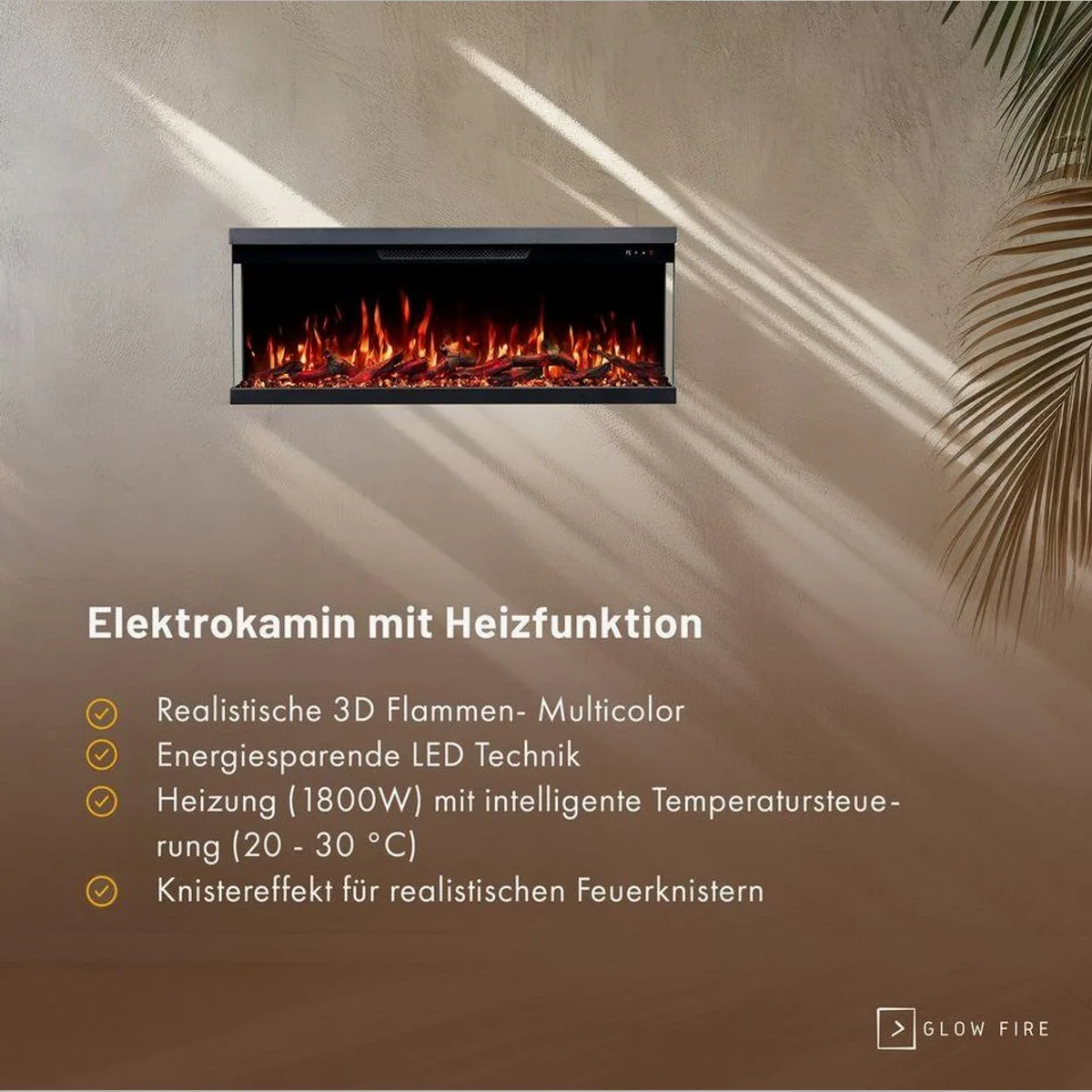 GLOW FIRE Elektrokamin Insert, 3D Feuer, Heizleistung 900-1800 W, APP Steuerung 3