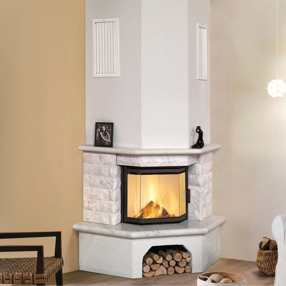HARK Vermont Kaminbausatz, 8 kW, Marmor naturweiß, für Eckeinbau 2