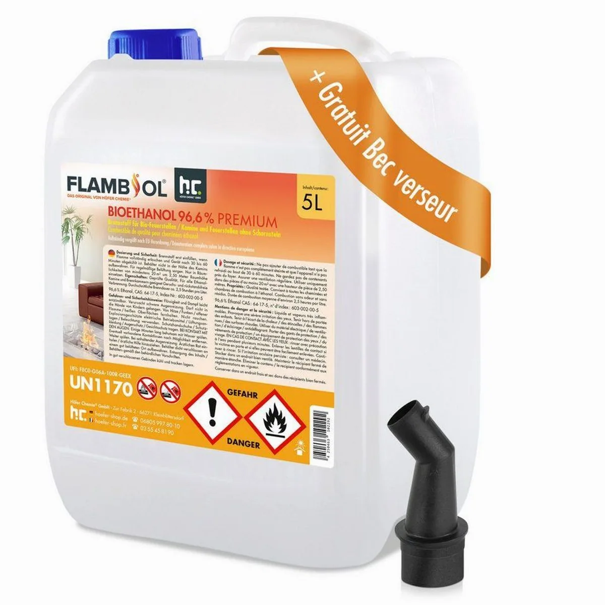 Höfer Chemie Bioethanol 5 L, 96,6% Reinheit, ca. 15 Stunden Brenndauer 2