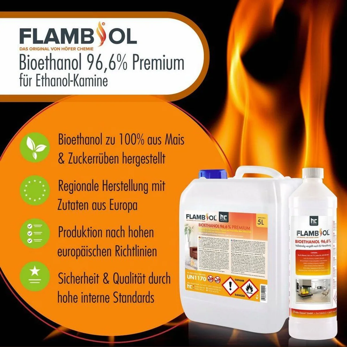 Höfer Chemie Bioethanol 5 L, 96,6% Reinheit, ca. 15 Stunden Brenndauer 5