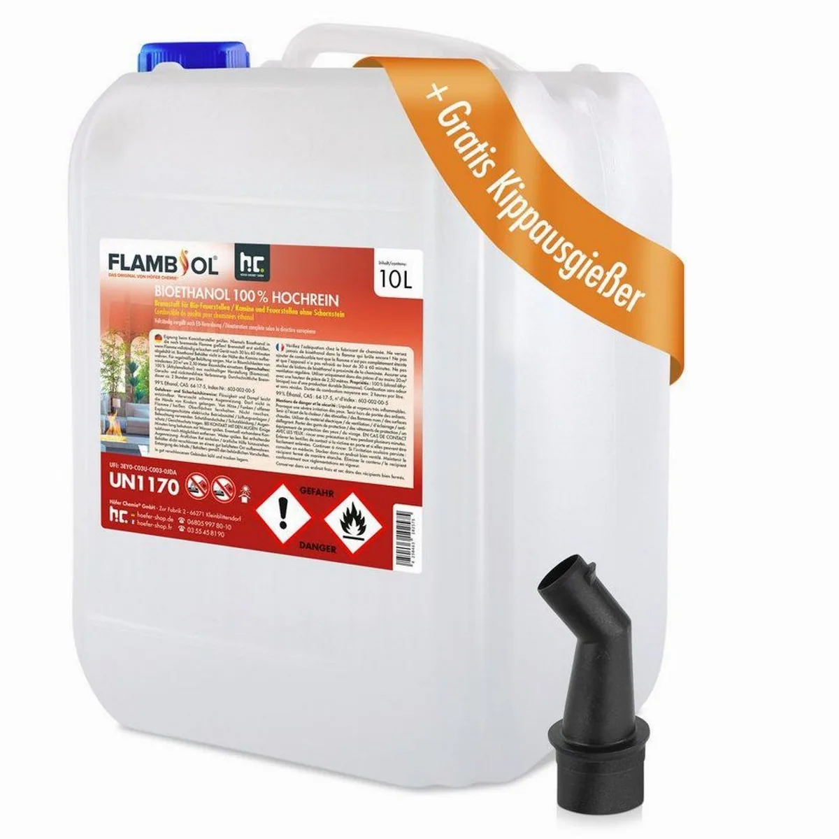 Höfer Chemie Bioethanol 100%, reiner Brennstoff für sauberes Feuer, 10 L