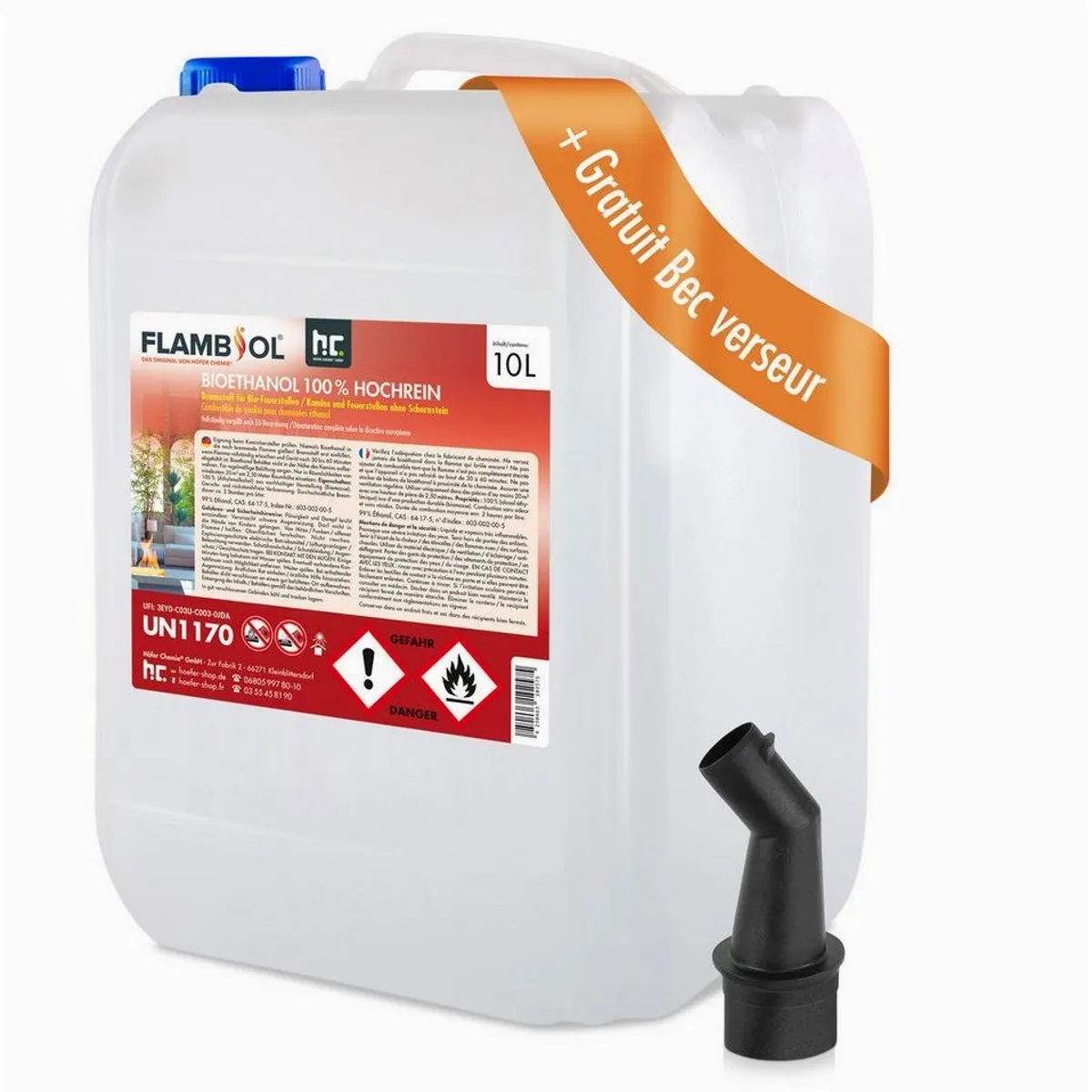 Höfer Chemie Bioethanol 100%, reiner Brennstoff für sauberes Feuer, 10 L 2
