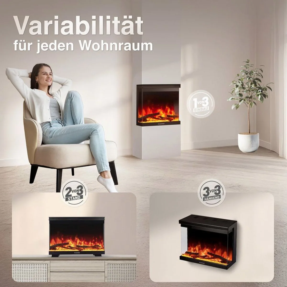 KAMINIO Elektrokamin LEA, 3-in-1 Funktion, Panoramablick, einfache Installation 2