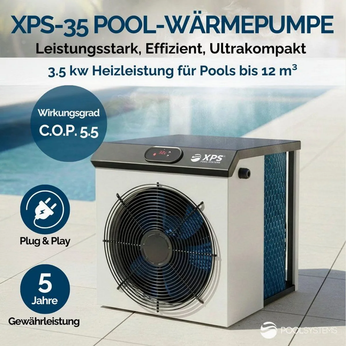 POOLSYSTEMS XPS-35 Wärmepumpe, 3.500 Watt Heizleistung, energieeffizient und kompakt 2