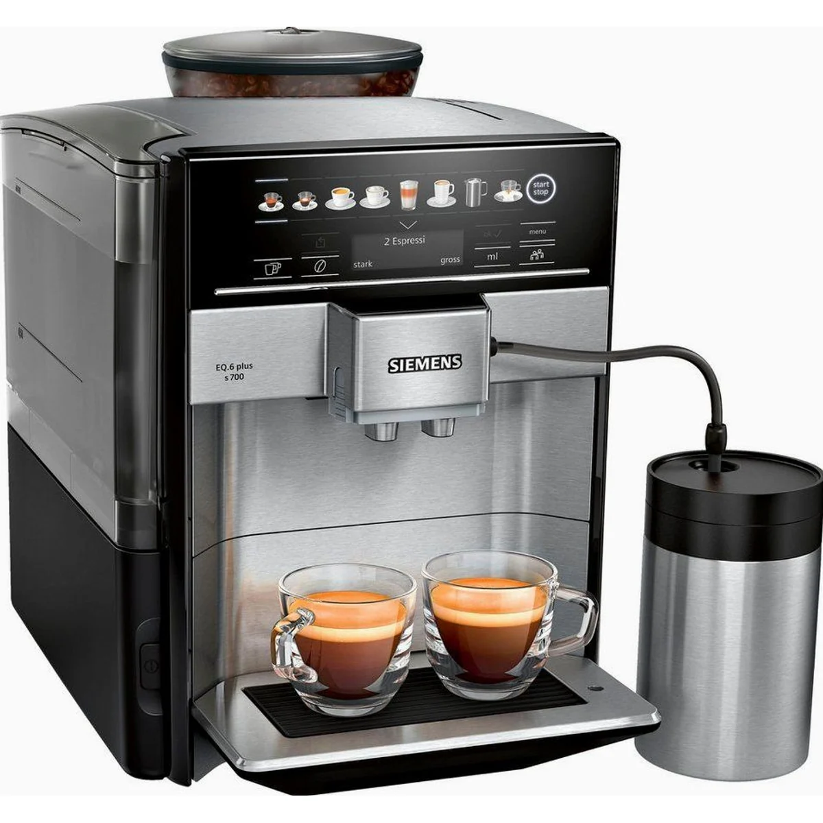 SIEMENS EQ6 plus s700 TE657M03DE, vielfältige Kaffeespezialitäten, Edelstahl-Milchbehälter, automatische Dampfreinigung