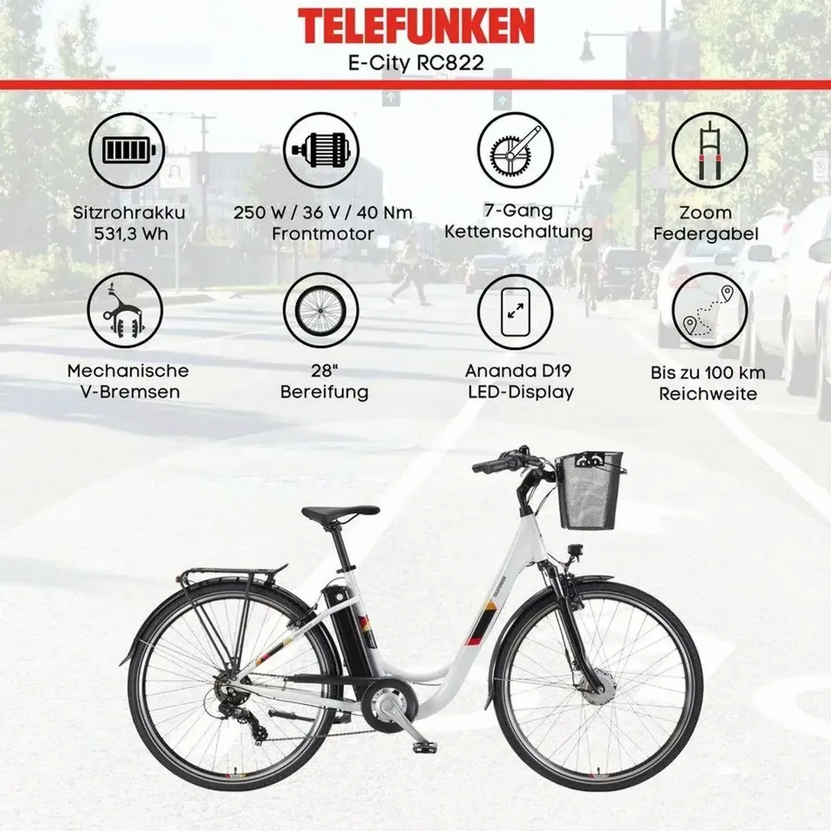 Telefunken E-Bike Cityrad RC822, 28 Zoll, 531,3 Wh Akku, 100 km Reichweite 5