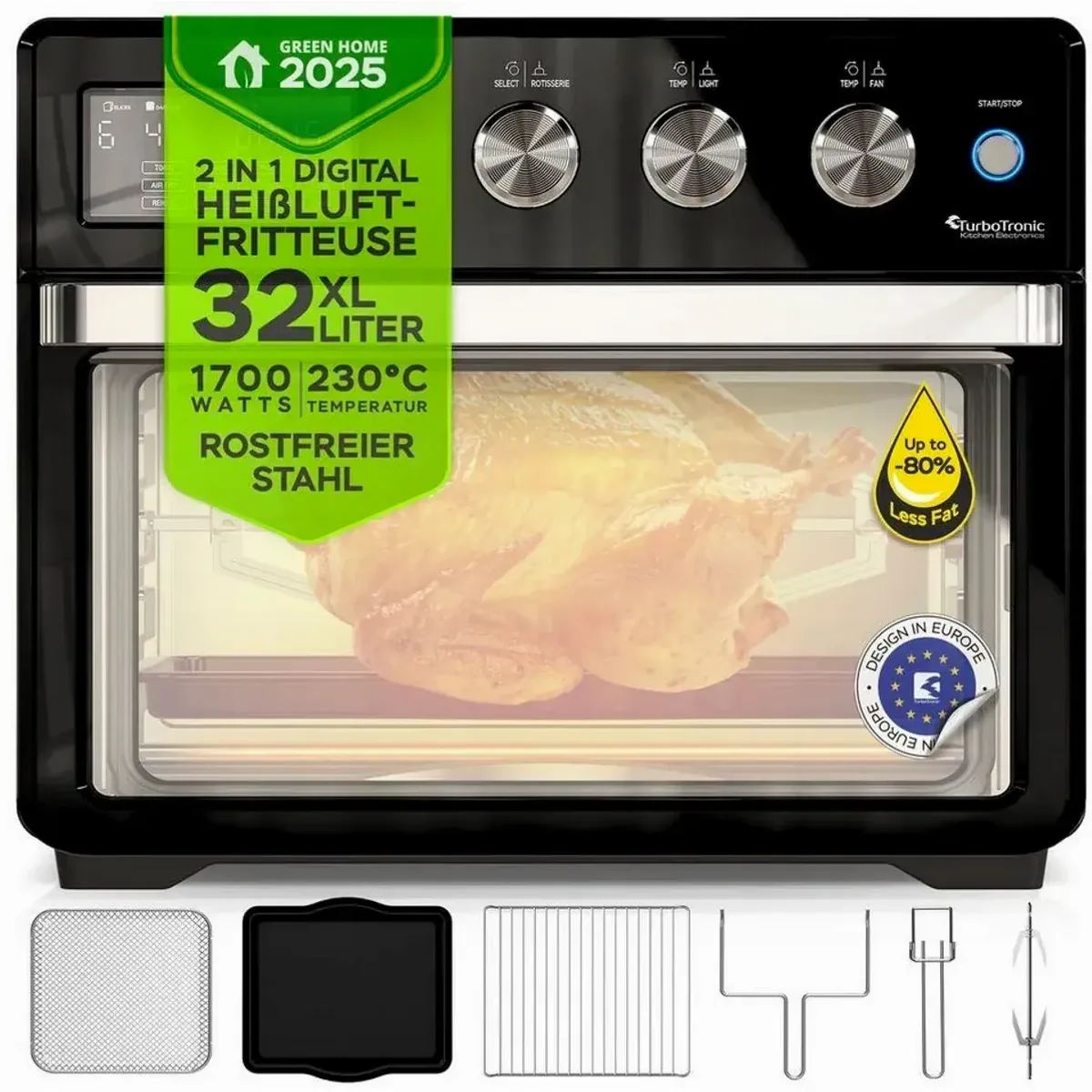 TurboTronic by Z-Line Minibackofen XL 32 L, vielseitig, 4 Garprogramme, 360°-Luftzirkulation